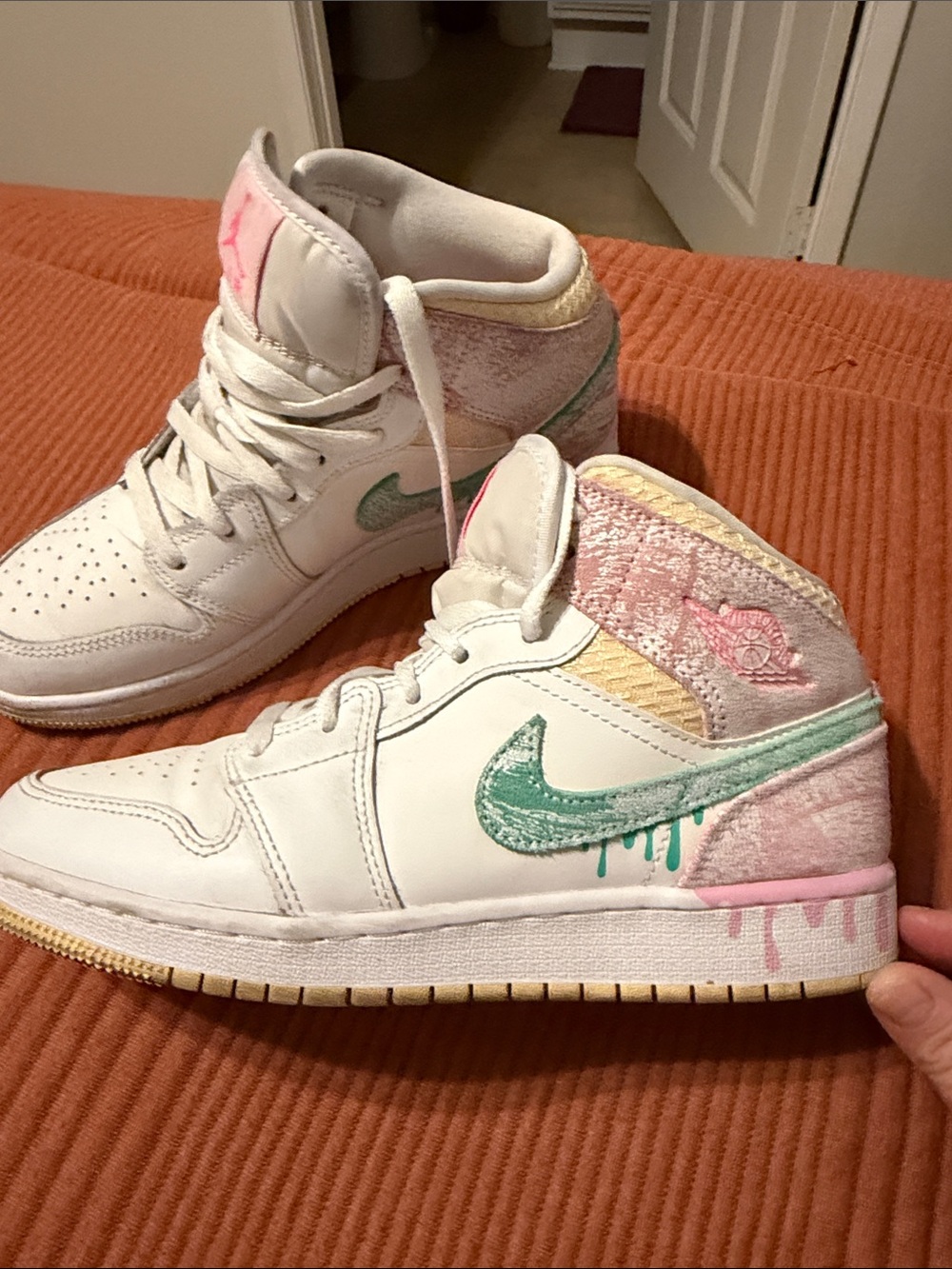 Nike White High-Top Sneakers with Pink, Mint & Yellow Accents